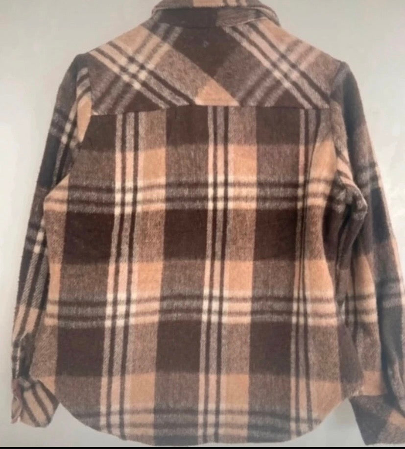 Ladies Vintage Wool Mix Brown Check Lumberjack Over Shirt 1970s Size 12
