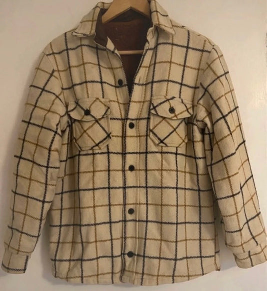 Mens Cream Wool Vintage Checked Lumberjack Jacket Sherpa Fleece Lined Size M