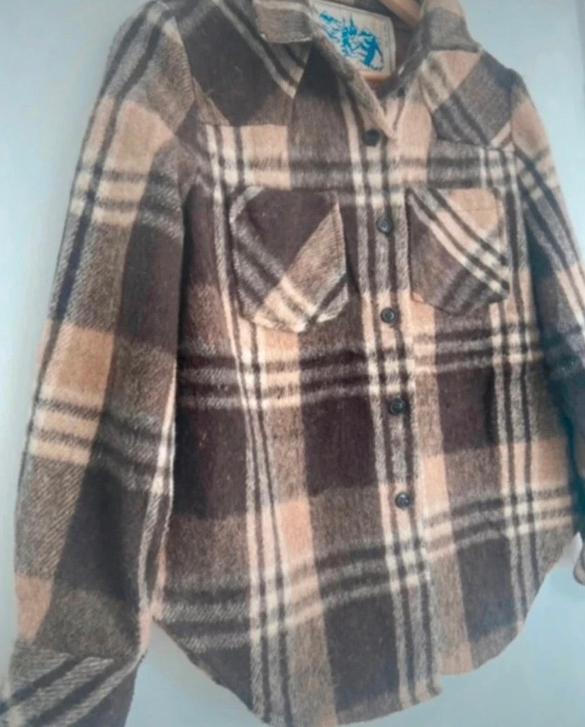 Ladies Vintage Wool Mix Brown Check Lumberjack Over Shirt 1970s Size 12