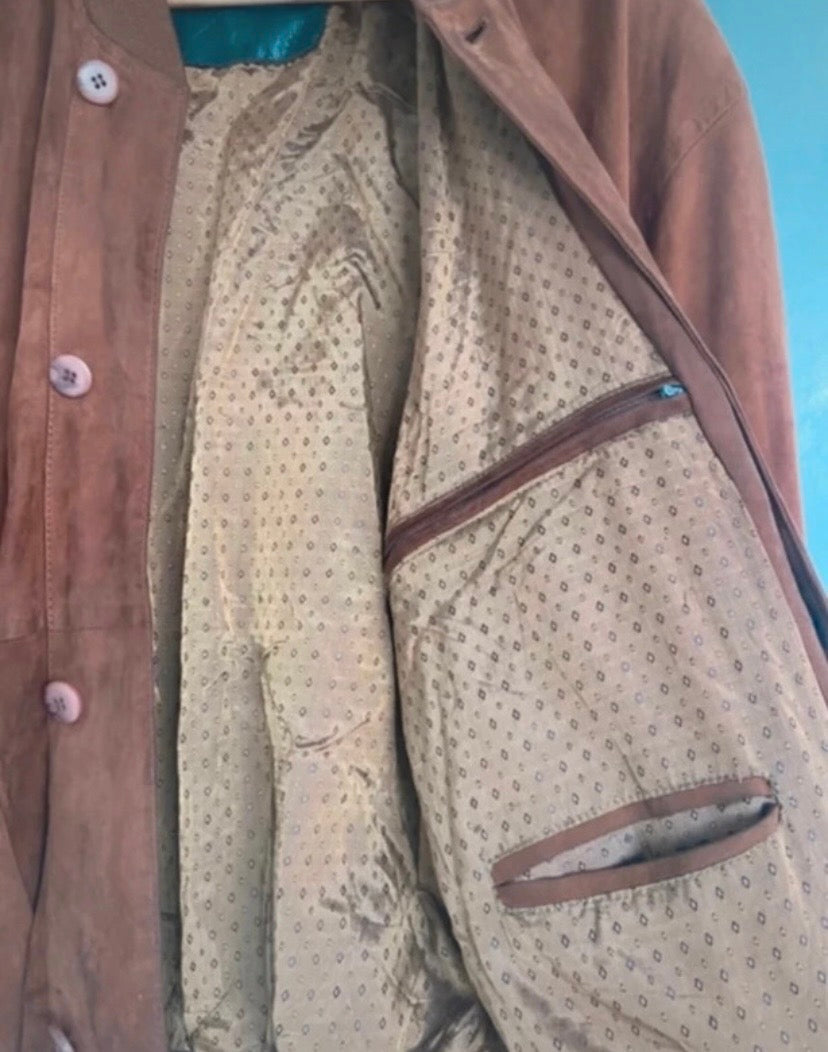 Men’s Suede Bomber Jacket Tan Brown Size 42”