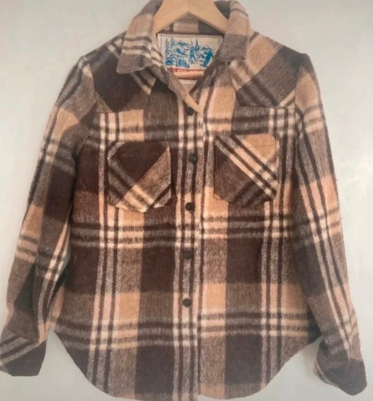 Ladies Vintage Wool Mix Brown Check Lumberjack Over Shirt 1970s Size 12