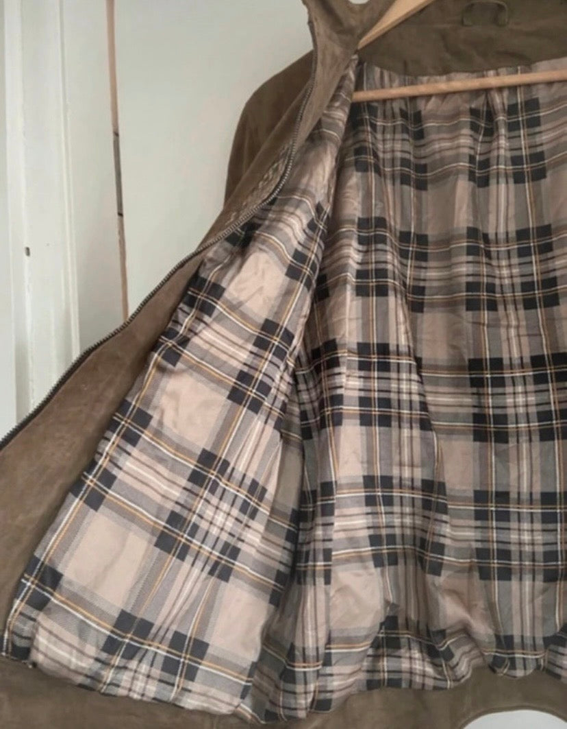 Men’s Brown Suede Jacket, Vintage Cruiser, Faux Snakeskin Collar & Trim, Size 42”