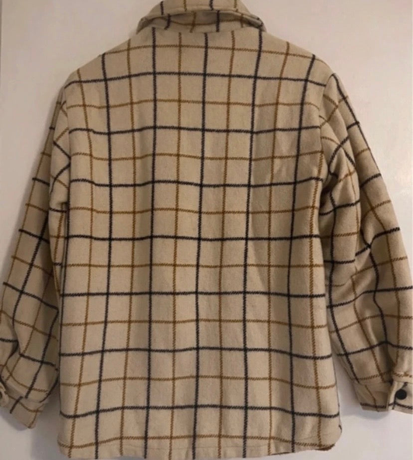 Mens Cream Wool Vintage Checked Lumberjack Jacket Sherpa Fleece Lined Size M