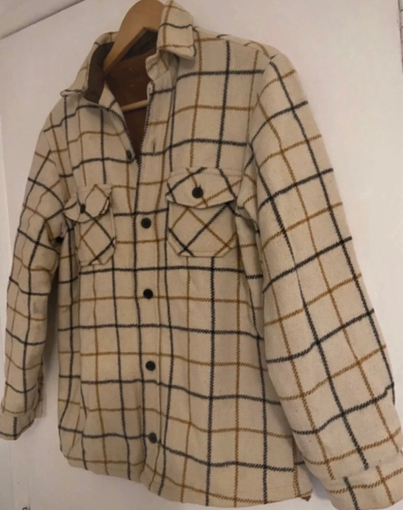 Mens Cream Wool Vintage Checked Lumberjack Jacket Sherpa Fleece Lined Size M