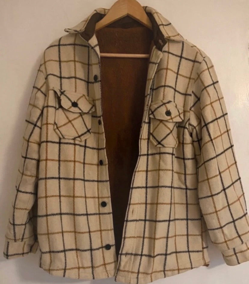 Mens Cream Wool Vintage Checked Lumberjack Jacket Sherpa Fleece Lined Size M