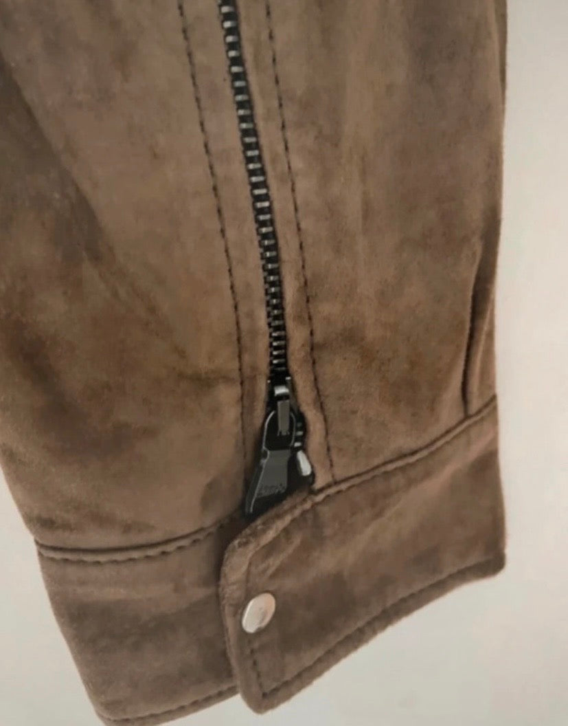 Men’s Brown Suede Jacket, Vintage Cruiser, Faux Snakeskin Collar & Trim, Size 42”