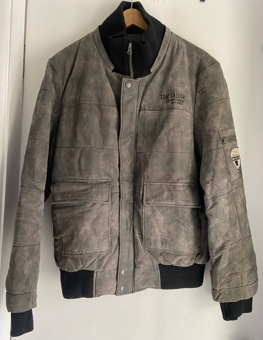 Men’s Grey Suede Padded Bomber Jacket Size 44” Tom Tailor 1980s Size Vintage L Modern 2XL