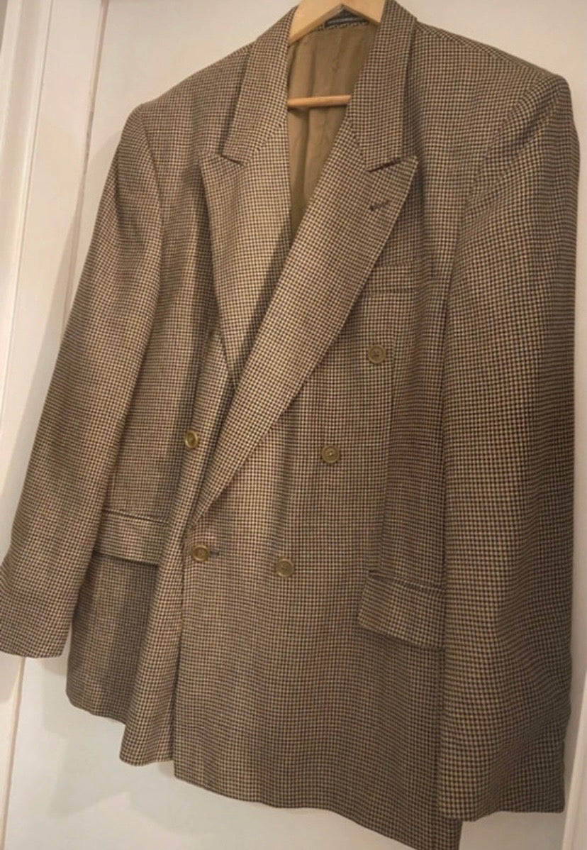 Men’s Pierre Balmain Vintage Wool & Silk Houndstooth Brown Blazer Size 44R