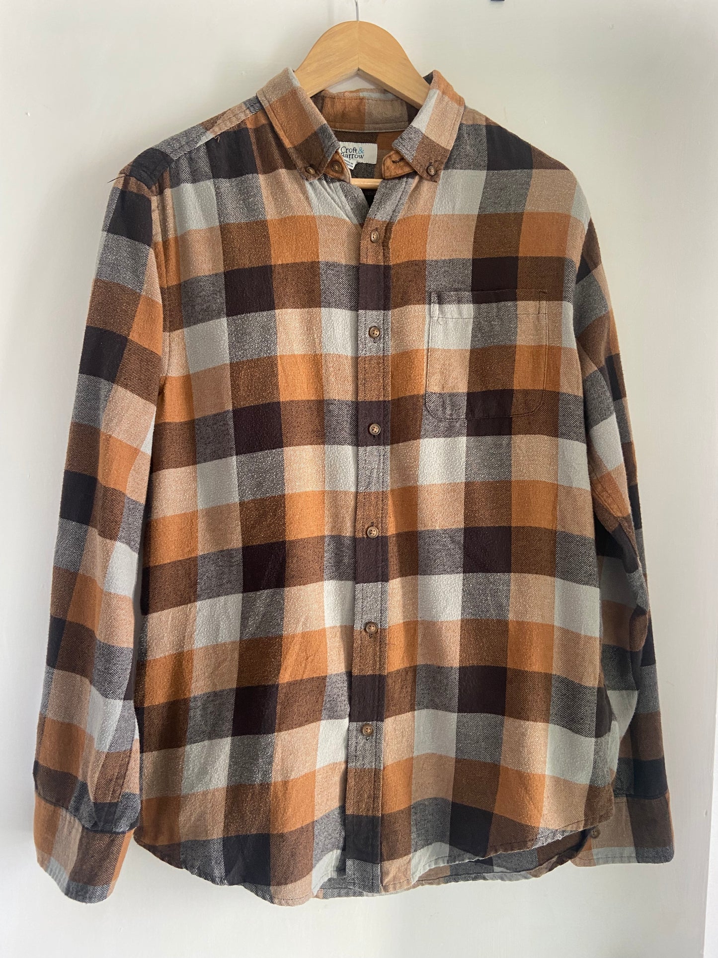 Men’s Plaid Check Grey Orange Cotton Blend Flannel Shirt Size S