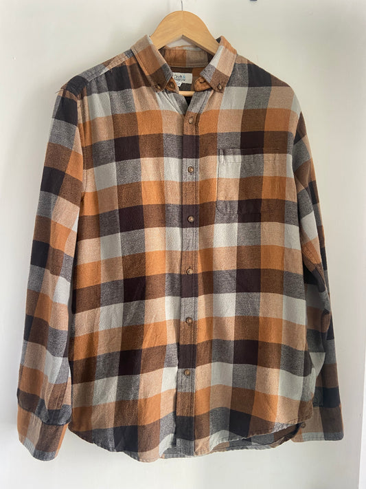Men’s Plaid Check Grey Orange Cotton Blend Flannel Shirt Size S