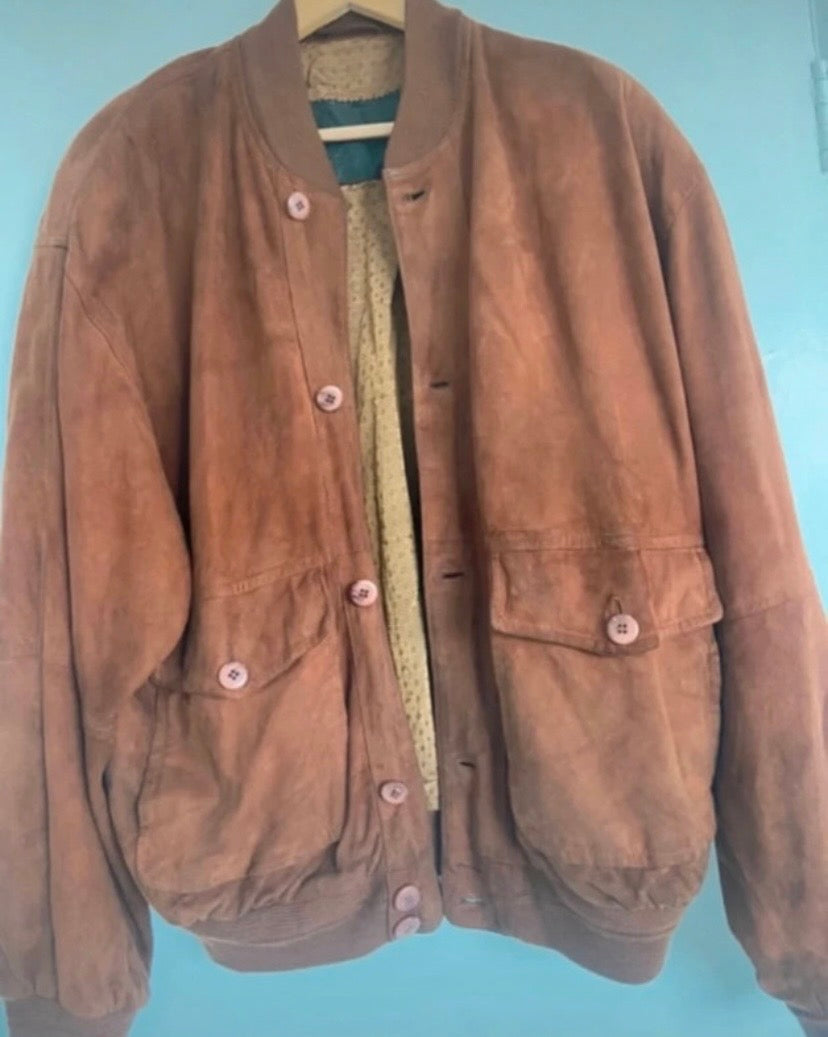 Men’s Suede Bomber Jacket Tan Brown Size 42”