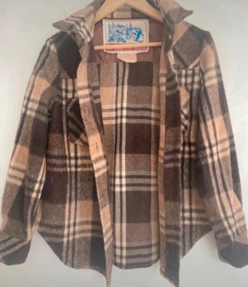 Ladies Vintage Wool Mix Brown Check Lumberjack Over Shirt 1970s Size 12