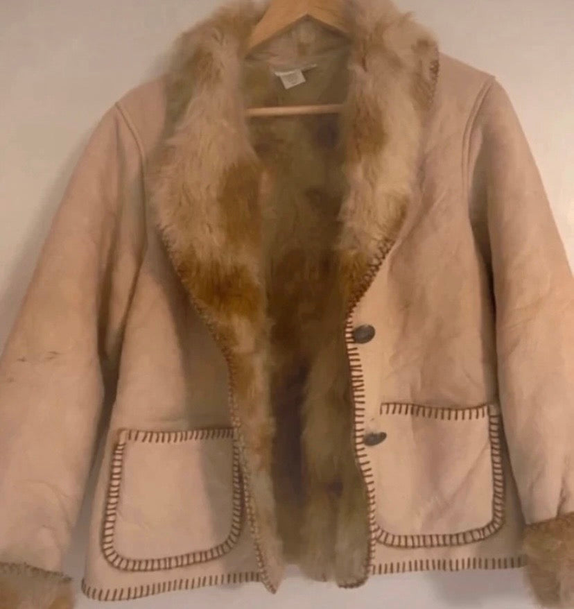 Ladies Vintage Coldwater Creek Beige South American Boho Faux Fur Jacket Size M 12