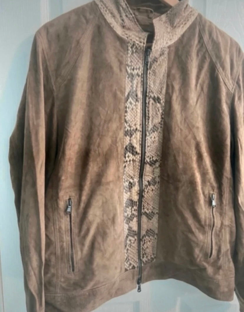 Men’s Brown Suede Jacket, Vintage Cruiser, Faux Snakeskin Collar & Trim, Size 42”