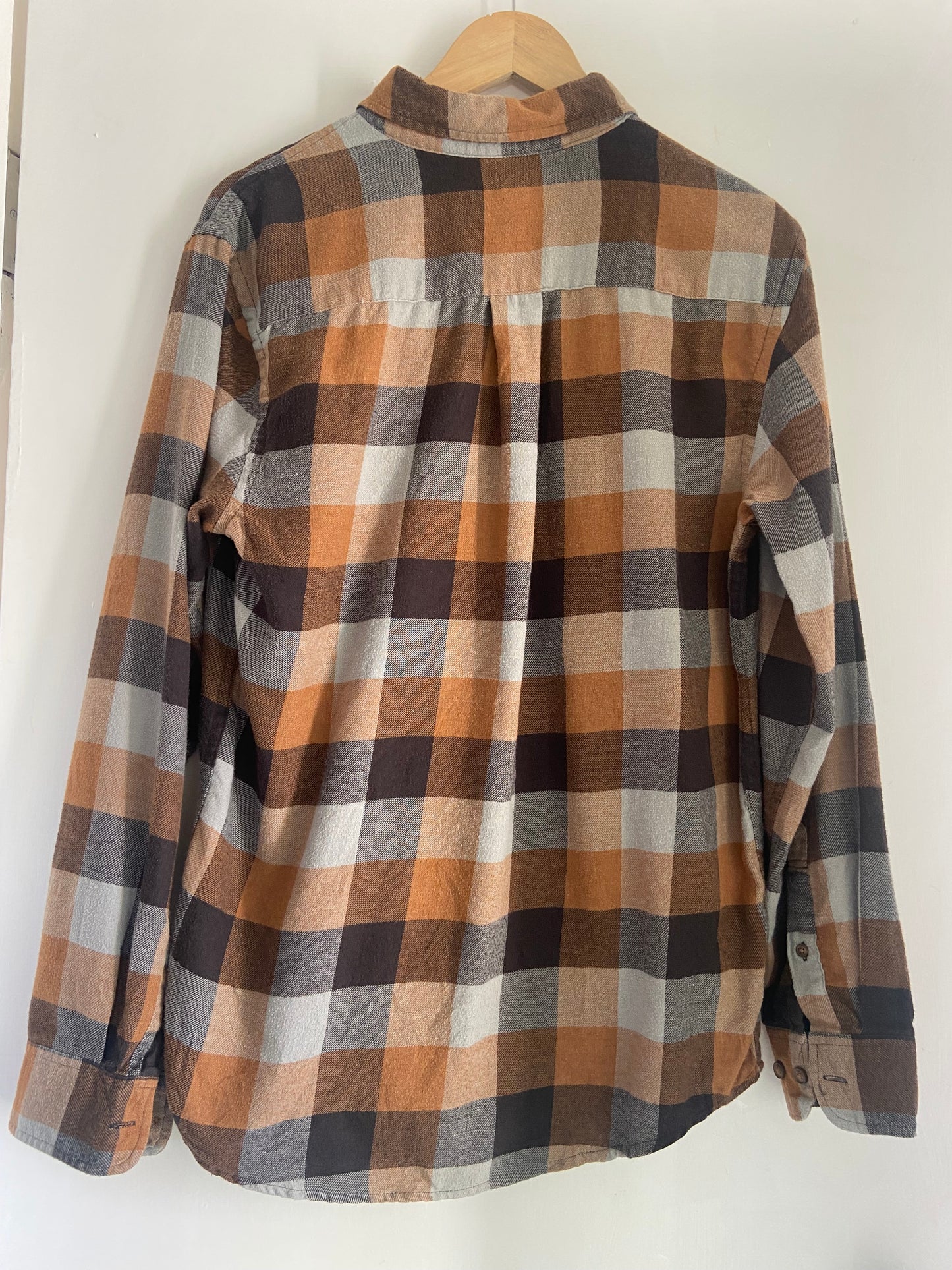 Men’s Plaid Check Grey Orange Cotton Blend Flannel Shirt Size S