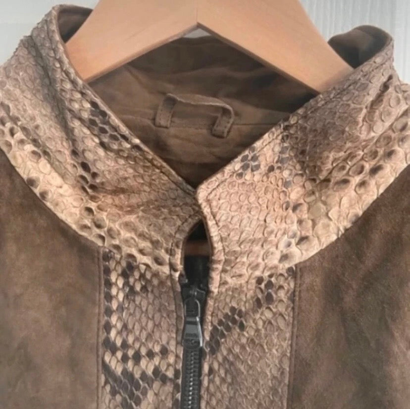 Men’s Brown Suede Jacket, Vintage Cruiser, Faux Snakeskin Collar & Trim, Size 42”