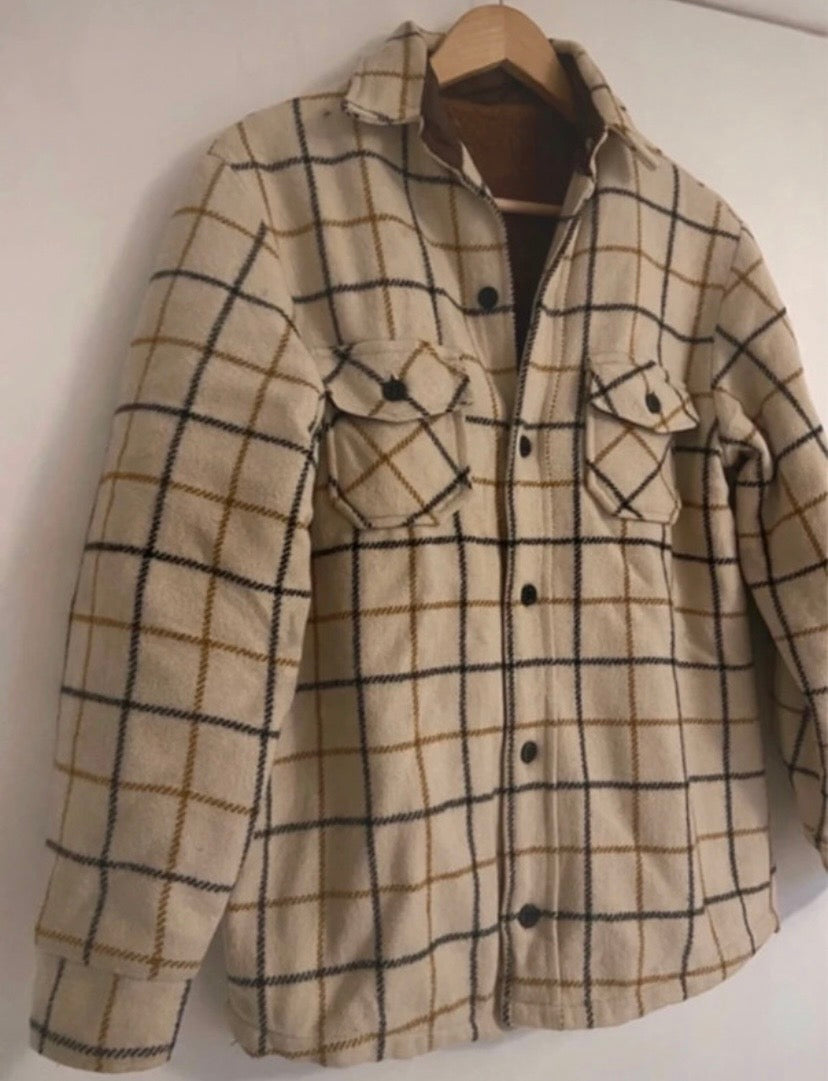 Mens Cream Wool Vintage Checked Lumberjack Jacket Sherpa Fleece Lined Size M