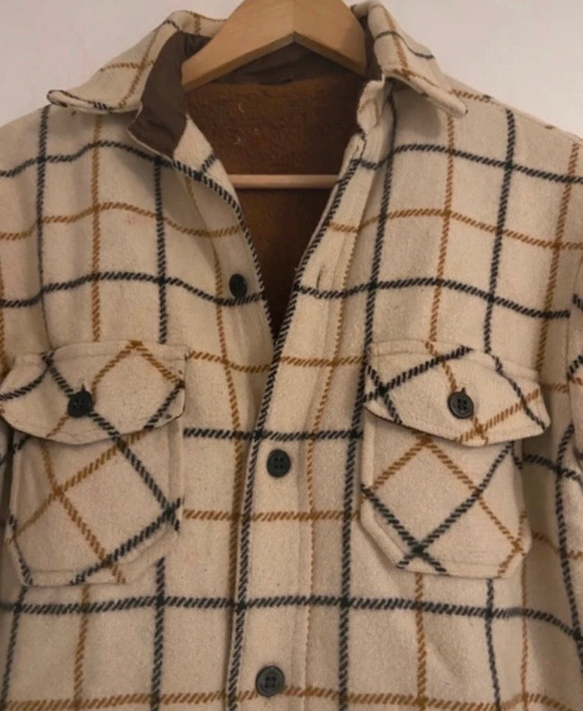 Mens Cream Wool Vintage Checked Lumberjack Jacket Sherpa Fleece Lined Size M