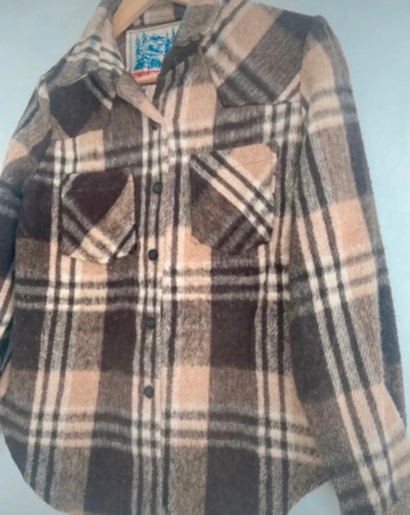 Ladies Vintage Wool Mix Brown Check Lumberjack Over Shirt 1970s Size 12