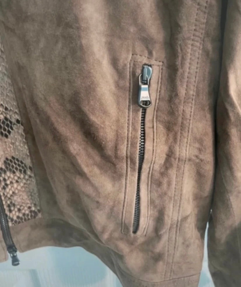 Men’s Brown Suede Jacket, Vintage Cruiser, Faux Snakeskin Collar & Trim, Size 42”