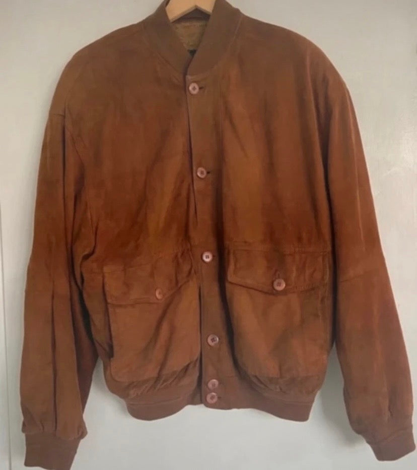 Men’s Suede Bomber Jacket Tan Brown Size 42”