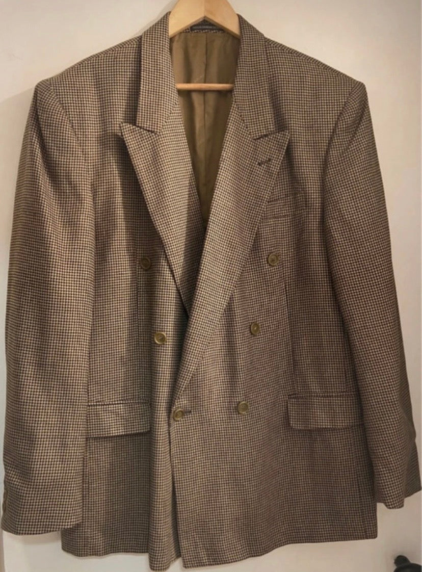Men’s Pierre Balmain Vintage Wool & Silk Houndstooth Brown Blazer Size 44R